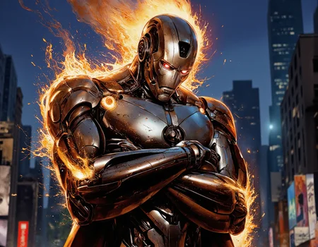  <lora:{martoonia, }martoonia:0.85> martoonia, A dynamic, Marvel comic-style illustration of Ultron, the iconic villain, standing tall with his imposing robotic figure, metallic body glistening in a mix of silver and gold hues, with glowing red optics and a menacing scowl etched on his face. His body is a fusion of advanced technology and powerful machinery, with visible wires, metallic plates, and energy cores, showcasing his cybernetic enhancements. Ultron's pose exudes confidence and power, with his arms crossed and his chest thrust forward, as if challenging the world to confront him. The lighting is dramatic, with a warm, golden glow illuminating his form from the front, and deep, cool shadows accentuating his contours from the back, creating a sense of depth and dimensionality. The background is a blurred, urban cityscape, with skyscrapers and neon lights reflecting off Ultron's metallic body, hinting at the chaos and destruction he is capable of unleashing. The shot is a wide-angle, slightly low-angle shot, emphasizing Ultron's towering presence and formidable strength. The image features a bold, comic-book inspired color palette, with thick lines, vibrant textures, and exaggerated details, capturing the essence of Marvel's signature style. The overall mood is one of intense energy and foreboding, as if Ultron is ready to unleash his wrath upon the world. The illustration is rendered in a hyper-detailed, high-contrast style, with visible brushstrokes and ink textures, adding a sense of grit and realism to the image. 8k highest resolution with sharp intricate details. . 35mm photograph, film, bokeh, professional, 4k, highly detailed