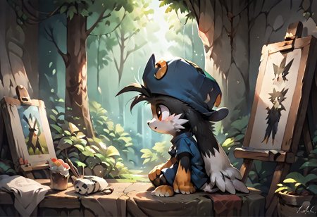 score_9, score_8_up, score_7_up, score_6_up, score_5_up, score_4_up, <lora:Klonoa_Character_PonyXL:0.8> ,  Klonoa, two long ears, fur, anthro, Klonoa, g5, rich colors, forest operations, forest, thicket, communal appearance , presents a painting of rabbits and pony, aroused, front view, detailed background, detailed, 8k quality, side view, beautiful, teasing, easel and brushes, leaned to the floor, freely actions, dress,