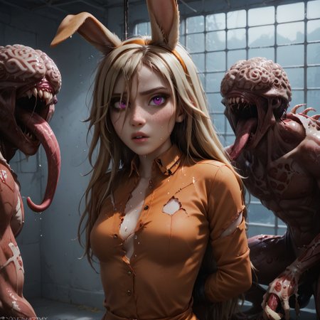 score_9, score_8_up, score_7_up, 1girl, cute face, petite, freckles, bttrfrckl, tan skin, heterochromia, pink eyes, hair over right eye, hair over one eye, blonde hair, messy hair, very long hair, medium breasts, rabbit ears, arms behind back, restrained, pout, upper body, dark theme, low light, horror scene, prison_clothes, prison clothes, tight clothes, striped shirt, long sleeves, torn shirt, jumpsuit, prison cell, <lora:prison_clothes_XL:0.7>, BadDream, eye catching, drab, zombies, monster, Licker, undead, cutoffs, wet, sweaty,