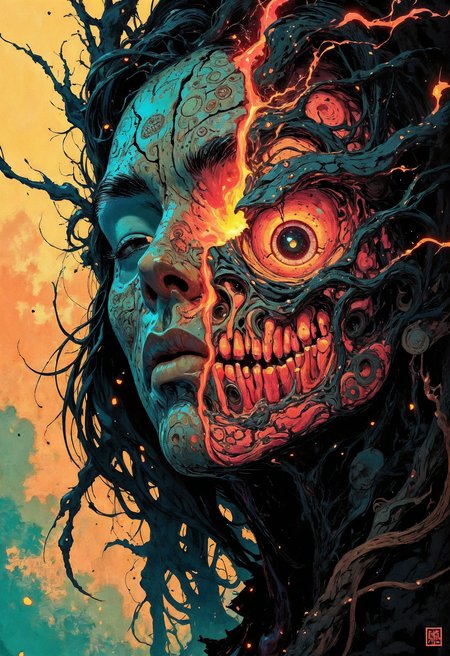 (in Otomo Katsuhiro style:1.2), masterpiece, high-quality, A close-up of a mysterious figure with a porcelain mask cracked down the center revealing glowing tendrils of energy underneath, The masks surface is adorned with intricate carvings of ancient symbols and faint embers drift from the cracks, The background is a hazy abstract swirl of warm and cool tones suggesting an otherworldly void, fractured mask, glowing tendrils, surreal close-up, (Stylized in a mix of dark surrealism and intricate line art:1.1), (elaborate fine details:1.1), (hyperdetailed:1.1), (intricate details:1.0), (Refined details:1.1), (best quality:1.1), (high resolution:1.2), <lora:FLUX\Anime v1.3:0.6> <lora:FLUX\VividlyReal:0.6> <lora:FLUX\FLUX-daubrez-DB4RZ:0.4>