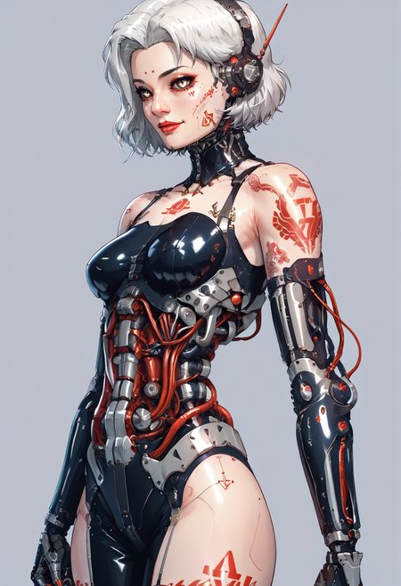 score_9,score_8_up,score_7_up,score_6_up,score_5_up,score_4_up,1 girl,solo,female focus,looking at the spectator,(5'2" 100 lbs, 32A, petite build, medium breasts, drop-shaped breasts, symmetrical breasts, toned legs, flat stomach, multiple tattoos, bright smile, piercing brown eyes, Retro Gray and white hair colors, porcelain skin:1.3),(Nanosuit in black latex, white lace edges, hugs nipples, gold titanium skeletal parts, carbon-titanium details, nano robo arms, legs in high heels, premium exoskeleton, red accents, velvet ribbons, diamond inserts, high detail textures, sleek and shiny.:1.3),(plain contrasting background:1.3),(full-length:1.5),hands,Perfect hand,Perfect feet,Perfect eyes,cyb0rg,science fiction,cable,mechanical parts,<lora:feet v3:1>,<lora:hand 4:1>,<lora:PerfectEyesXL:1>,zPDXL2,zPDXLpg,<lora:cyb0rgXLP:0.8>,<lora:add-detail-xl:1>,<lora:DP-Pony:1>,p33rs,<lora:incase_style_v3-1_ponyxl_ilff:0.2>,