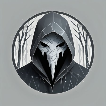 low poly, logotype containing grey and black colors, circle, patronus, omnious figure in a hood, one eye from a shadows, cyclops
