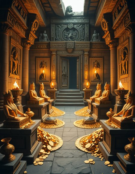 A hidden treasure chamber deep within an ancient temple, illuminated by the warm golden glow of torches and mystical blue light from enchanted crystals. The room is filled with piles of gold coins, jewel-encrusted goblets, and ancient artifacts covered in dust. Massive stone statues of forgotten deities guard the chamber, their eyes glowing faintly as if watching intruders. In the center, a grand pedestal holds a legendary artifactâan ornate golden crown encrusted with emeralds and sapphires, shimmering with an otherworldly aura. The walls are adorned with intricate carvings depicting lost civilizations, and creeping vines hint at centuries of abandonment. The atmosphere is mystical and slightly eerie, with a sense of both wonder and danger. The air is thick with the scent of aged parchment and burning incense, adding to the chamberâs ancient and mysterious feel. Cinematic lighting with dramatic shadows enhances the depth and richness of the scene, creating a visually stunning and immersive environment.
<lora:SDXLFaeTastic2400:0.4> <lora:extremely_detailed:0.4> extremely detailed,treasure ch4mb3r, <lora:treasure_ch4mb3r-i:1>, Masterpiece,best quality,hi res,8k,hi res,8k,award winning,(sharp focus, intricate, highly detailed),