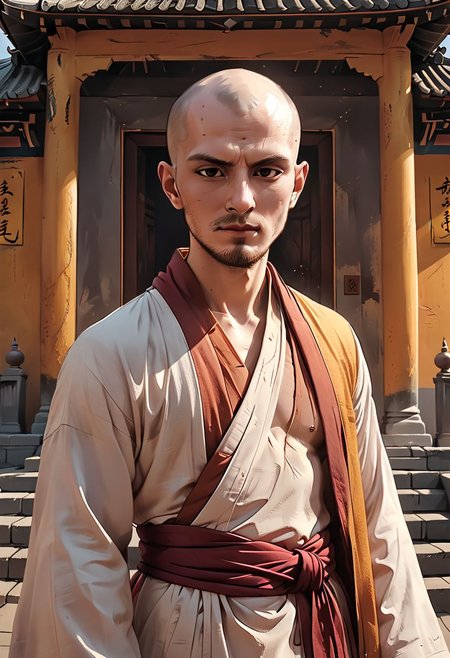 Bald,
a bald Buddhist monk in a robe stands in a pose of worship near the temple gate,
8k, IMax, hyperrealism, perfect light, small depth of field, masterpiece, high resolution, best quality, cinematic shot, ultra-detailed, Hyperrealistic art, high-quality, ultra high res, highest detailed, lot of details, Extremely high-resolution details, incredibly lifelike, atmospheric perspective (focus on face), soft light, colourful, soft cinematic light, (perfect skin), ((2d)), (graphic style of novel comics),