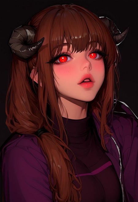 depth of field, focused subject, ((dynamic angle)), sexy pose, best quality, detailed eyes, perfect eyes, realistic eyes, 
,full_body, cowboy shot,solo,1girl arknights artist name asymmetrical hair blush brown hair commentary request eyjafjalla \(arknights\) eyjafjalla the hvit aska \(arknights\) horns itsuki 02 jacket long hair looking at viewer open mouth purple shirt red eyes sheep girl sheep horns shirt side ponytail
BREAK, 
dynamic pose, 
movie perspective, black background, neon lines, neon circles, neon light, abstract background, dark background, ((dynamic lights)), SLRSC, morimee_style, cute face