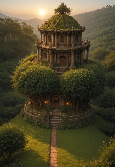 A photo of a Beautiful alien world, (high angle wide shot), ((seen from a distance)), sunset.  Ancient trees, the ground covered in moss, plants, everywhere, ones that resemble ferns, trees that are giants colorful air plants and flowers. A visiosomni magical landscape, an elven city of an advanced alien species, otclillsn buildings that defy description, gleaming in the setting sun. Masterpiece, best quality, high-res, extremely clear 8k wallpaper, setting sun. HDR lighting, dramatic cinematic composition, UHD resolution, realistic texturing, advanced rendering techniques, and meticulous post-processing.  In the eldoria style, no humans, 
(8k uhd:1,4)