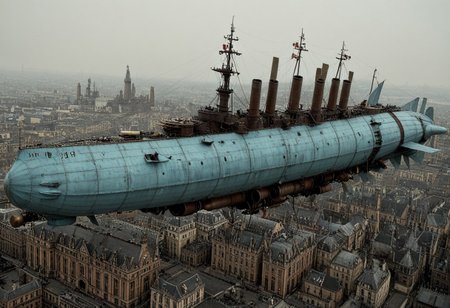 masterpiece, best_quality, very_aesthetic, highres, absurdres, ultra detailed, airship,  battleship, steampunk, Victorian, 
flying over Victorian city,
 airship, vehicle focus, no humans, military vehicle, military, science fiction, aircraft flying, radio antenna, cannon, machinery,rocket launcher,
dark iron, (light blue vehicle), 
spiral, pipe ,rivets, ,wire,