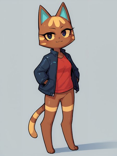 <lora:Katt-PONY:0.8> Katt, black pupils, female, solo, standing, open jacket, red shirt, looking at viewer, bottomless, raiting_safe, score_9, score_8_up