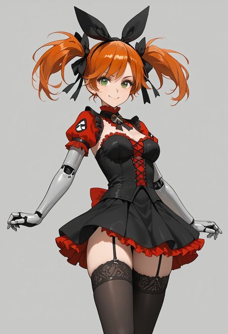 score_9, score_8_up, score_7_up, source_anime,
 solo, gaigebl2, orange hair, twintails, short twintails, single mechanical arm, freckles, medium breasts, green eyes, <lora:gaigebl2-guy-v1PONYXL:1>,
Smirk, 
, sexy pose, simple background,
hair ribbon, black dress, black thighhighs, garter straps, bow