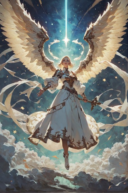 score_9, score_8_up, score_7_up, rating_safe,
angel, wings, blonde, white robe, full body, dark star sky, (clouds:0.1),faintly lit ,fantastic, glow, holy,
<lora:Concept Art Twilight Style SDXL_LoRA_Pony Diffusion V6 XL:1.0>