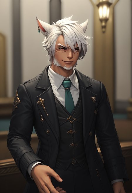 score_9, score_8_up, score_7_up, score_6_up, score_5_up, 3KK4T14, 1boy, animal ears, red eyes, miqo'te, male focus, solo, facial hair, white hair, blurry background,  cat ears, dark-skinned male, dark skin, earrings, jewelry, beard, necktie, facial mark, short hair, indoors, hand out, smirk, smoldering expression, <lora:05b4ee60-e7e4-4acf-8aa7-d7a6dc9f4242:0.7>
