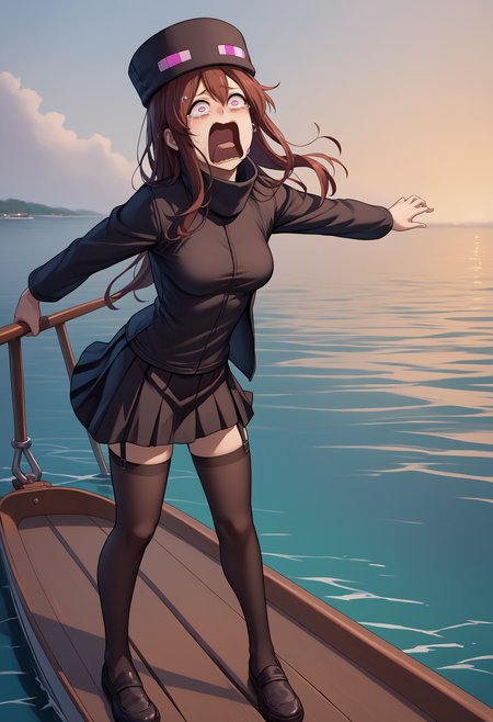 score_9, score_8_up, score_7_up, source_anime, 1girl, Enderman-chan, black jacket, high collar, enderman hat, black skirt, black thighhigh, garter straps, <lora:Enderman_XLPD:1>, shoes, full body, on boat, boat, water, sea, scared, tears, panicking, standing, medium breasts, mature female,  <lora:concept_aquascreaming_ponyXL:1> aquascreaming, screaming, open mouth, crying with eyes open
