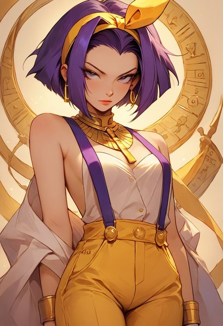 score_9, score_8_up, score_8, source_anime, rating_questionable, Faye Valentine,  classic pinup model, yellow shorts, suspenders, shirtless, pink thigh high stockings, purple hair, yellow hairband,   AnyankoP, seductive, Egyptian clothes, gold jewelry
