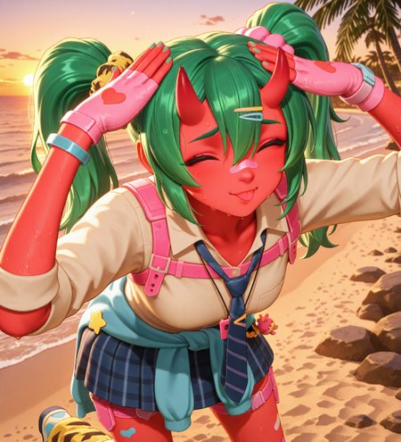 (dance, sparkling, happy, smile:1.2), (portrait, AhEtoBlehMeme, closed eyes, tongue out, :p, hands on own head, smile, looking at viewer, depth of field, bokeh, sunset, golden hour, beach, sand, palm tree, ocean, rocks, detailed background:1.5), fortnite_nemia, 1girl, solo, green hair, twintails, ponytail, long hair, bangs, hair between eyes, hair over one eye, ears, horns, oni horns, single horn, red skin, pink skin, blue eyes, parted lips, bandaid, bandaid on nose, bandaid on thighs, breasts, shirt, school uniform, necktie, plaid skirt, thighhighs, socks, loose socks, boots, jewelry, earrings, bracelet, charm, belt, gloves, fingerless gloves, knee pads, leg warmers, collarbone, solo, colored skin, hair ornament, hairclip, scrunchie, holster, striped necktie, clothes around waist, oni, plaid, charm (object), blue necktie, sweater around waist, animal print, heart, shoes, star (symbol), thigh holster, (female focus, female_focus, sweating, sweat:1.8),  <lora:Fortnite_Nemia_Demonically_Cute_Set_ILXL_E41_16_DIM:0.7>, <lora:dmd2_sdxl_4step_lora:1> <lora:AhEtoBlehMeme_illusXLNoobAI_Incrs_v1:1>