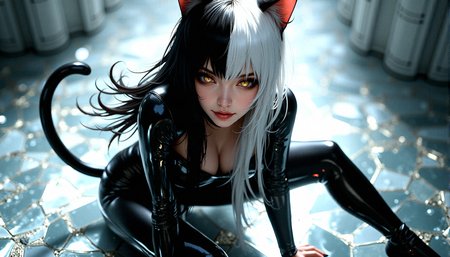 An extreme photorealistic upper body shot of a voluptuous body with hourglass body frame cat girl with mesmerizing golden eyes and slit pupils like cat eyes. She has long, flowing two-tone hair, white and black,  with striking, unrealistic beauty. Her pink lips curve slightly to reveal sharp fangs, and her long fingernails are a key feature of her sleek cat suit.Include tiny imperfections like pores, faint freckles, and slight skin texture variations to add realism.Realistic lip texture with soft lines, slight gloss, and natural color variation.Individually rendered eyebrow hairs with natural variation in direction, length, and thickness.Variation in hair strand thickness, with some thinner and finer than others.Detailed texture on the cat suit, showing the weave or material pattern, such as leather, spandex, or velvet.Shadows that move with the character, responding to her position and the light source accurately.A background of shattered glass with light refracting through the cracks, creating intricate patterns.
She sits with her legs outstretched in front of her, reaching forward with both hands, as if trying to grab something just out of reach.































