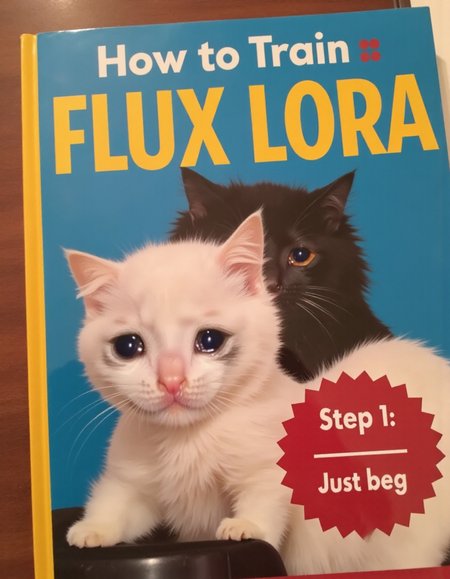 a book cover titled "how to train Flux Lora" showing a crying cat with the subtitle "Step 1: Just beg"
 <lora:crying_cat:1>
 <lora:80s_cover_art_flux:1>