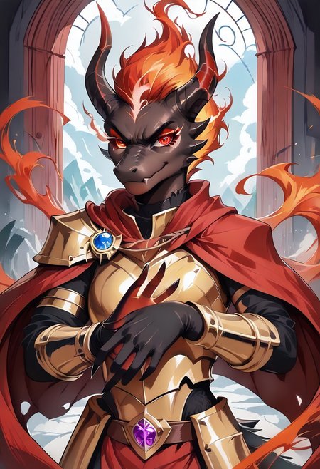 score_9, score_8_up, score_7_up, (4k Quality, high resolution, details extra++), 1 girl, anthropomorphic dragon, half-open black webbed wings on her back (golden inside), wizard, armor covering the whole body, pattern on the armor, red robe with a golden pattern, woman, black scales, looks at the viewer, slight smile, predatory fiery red eyes (detailed), flaming eye? four black horns on her head, (medium breast, natural breast), own hands together, confident pose, front view, dragon woman (hairless), in the hall of the castle, pleasant soft light from the window, glare on the armor