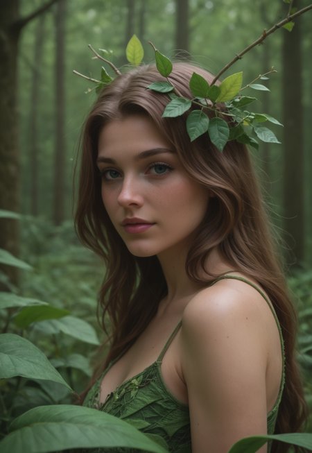 score_7 up, A detailed image of a dryad, a mythical tree spirit, in a dense, lush forest at night. The dryad is a young mature woman, seamlessly blending with the natural elements. She has green bark-like skin, leaves in her hair, and vines wrapping around her arms. The forest is filled with towering trees, thick underbrush, and a variety of foliage. There is a mystical, yet natural feel to the environment, conveying a sense of harmony and tranquility.
(((upper body))),
 <lora:add-detail-xl:1>
 <lora:Dynamic Poses:1>