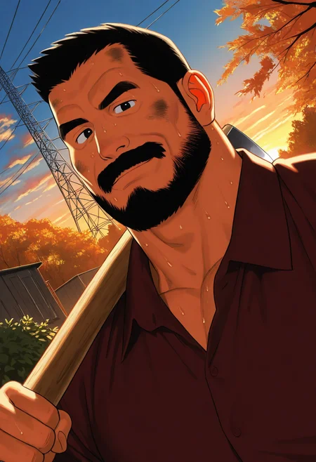 1boy, sunset, portrait, holding axe, sunset, dirty face, forest, cabinet, sweat, lake, scaffolding, bush, smile, looking at viewer, transmission tower, closed mouth, dutch angle,
BREAK
<lora:Police_commissioner_from_Hairy_Oracle_by_Gengoroh_Tagame_v0.1_1691861:1> plump,
keijisan, old man, thick mustache, long sideburns, (beard:1.5), full beard, black eyes, streaked hair, short hair, thick eyebrows,
BREAK
large pectorals, blue sky, red and black plain shirt, autumn, cloudy sky,
BREAK
best quality, masterpiece, very aesthetic, absurdres, highest detailed,