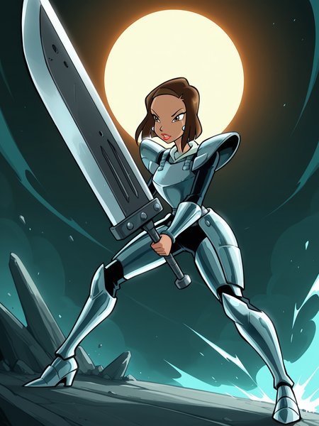 <lora:Bloom_motherIL:0.7> b_m, 1girl, short hair, brown hair, brown eyes, red lips, earrings,
gigantic sword, steel armor,glowing liens, action, full body, glowing background