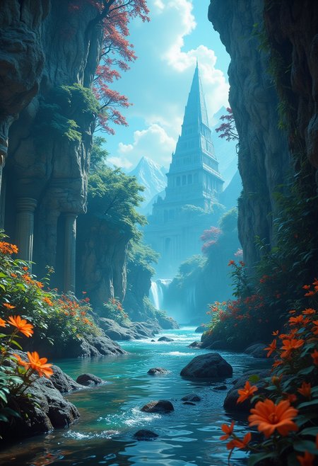 extreme quality, cg, photorealistic, [bright colors], light, elemental, water magic, blue, water, magical, righteous, (outdoors), masterpiece, 8k, [tone mapping, hyper focus], limited palette, [dappled sunlight], reflective surface, orange, wholesome, (varied depth of field:0.8), complimentary colors, particle dust, green embers, (ancient), [pyramid], flood, (vegetation), plants, (destiny 2:1.1), (no humans), (neon cyber technology:1.1), [architecture], magical, ruins, (catacomb:0.7), ripples, granite, detailed texture, flower, marble, vine