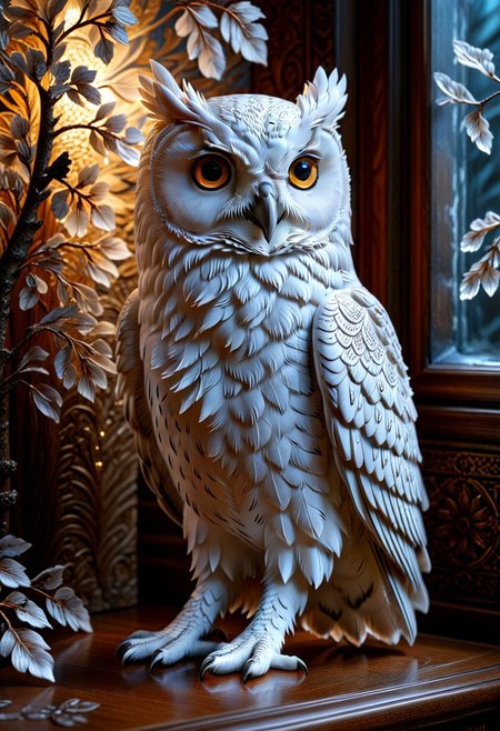 A photorealistic image of a majestic owl figure,
crystalstexture skin,(extremely delicate and beautiful), highly detailed, WhiteMold, art style, 3d printed mold, 
intricate details, dramatic composition, contrast, texture, realism, high quality, stunning art, film grain, volumetric lighting, detailed, 
background is cozy room,
