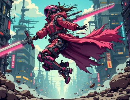 1girl (sci-fi clothes) with GIGANTIC SWORD,  Style: Surreal, futuristic, and high-fashion Scene: A striking Balenciaga model is captured mid-jump, suspended in mid-air as if defying gravity <lora:ck-nc-pastel-cyberpunk:1> A digital artwork in the style of cknc,