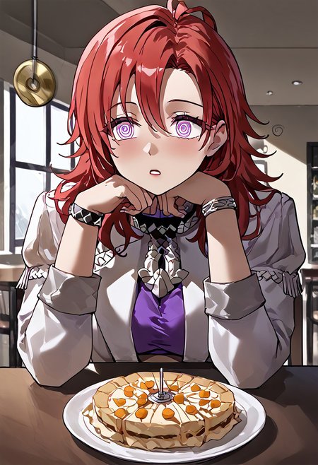 Hapi being hypnotized,
score_9, anime, 1girl, lewd, smooth, 
mind control, hypnosis, ((pendulum in front of face)), @ @, holding pendulum, looking at pendulum,
<lora:pov-across-table-ponyxl-lora-nochekaiser:1> pov across table, pov dating, restaurant, table, meal, care, cup, head rest, elbow on table, food, elbow rest, (disembodied hand),
defHapi, dark skin, white jacket, pendant, purple crop top, white skirt, bracelet, single thighhigh, black boots, cleavage, red hair,