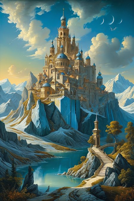 Baroque, Baroque, landscape,creator landscape,hyperreal glacier citadels carved by light millennia, surfaces etched with paleoclimatic memory circuits glowing with vacuum energy fluorescence,
<lora:clear:0.15> style of Michael Cheval.
<lora:greg_rutkowski_xl_2:0.3> greg rutkowski,
 clear <lora:tbh129-sdxl:0.3>,
<lora:extremely_detailed:0.7> extremely detailed ,
<lora:add-detail-xl:0.7>,, Fantasy painting art style, imaginative, dynamic composition, professional-grade execution, creates immersive world and landscape, painterly, epic, magical, dramatic, exuberant, grandeur, baroque art, oil painting art style from Renaissance period, masterful composition, Renaissance mood, renaissance oil painting, brush strokes, dramatic, exuberant, grandeur, baroque art
