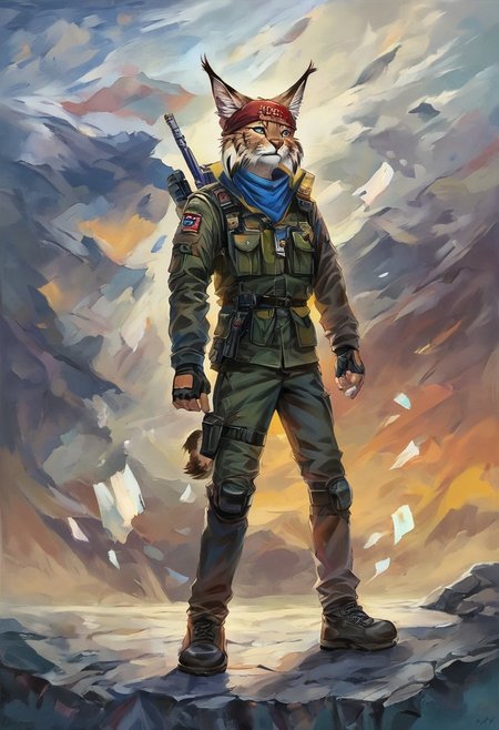 Score 9, Score_8_up, Score_7_up, ng_deepnegative_v1_75t, negative_hand, charturnerv2, knee-deep portrait of adult male,  banners, starship, high technology, shirt, fingerless gloves, soldier uniform,, , anime, Arknight provens, detailed background, cyberpunk, bandana, facemask, furry,  lynx species,  lynx tail, lynx ears