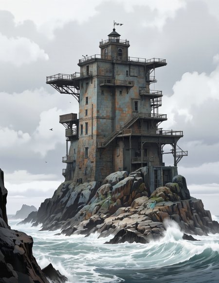 By JoFoGriGreToc.
A multi-tiered lighthouse built on a rugged, rocky island. The lighthouse is made of weathered stone, with multiple levels and a central tower topped by a small, dark lantern room. The structure is surrounded by a network of walkways and platforms, some of which extend out over the turbulent sea. The sky above is overcast, filled with thick, gray clouds that create a moody atmosphere. The ocean waves crash against the rocks and the lighthouse, with white foam and spray visible. Several seagulls are scattered throughout the scene.