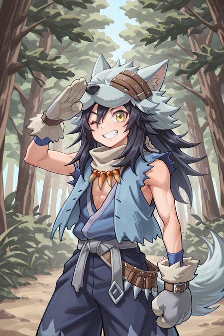 <lora:FlunkyIL:0.8> , fludef, 1boy, black hair, long hair, yellow eyes, wolf hat, wolf hood, wolf pelt, wolf tail, grey scarf, bandana around neck, necklace, tooth necklace, fur trim, blue vest, torn clothes, paw gloves, sandals, cowboy shot, (salute), one eye closed, rascal, exterior, forest, smile, solo, masterpiece, very aesthetic, absurdres, best quality, amazing quality, high resolution, detailed background,  <lora:illustrious_quality_modifiers_masterpieces_v1:0.8> , <lora:ChamIllustriousBackgroundEnhancer:0.5>