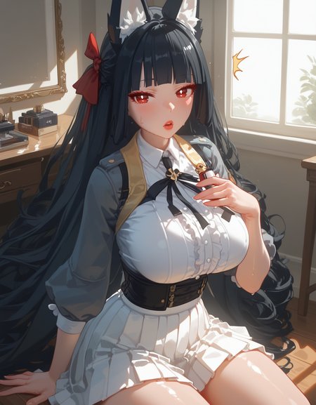(score_9,score_8_up,score_7_up), masterpiece, best quality, Expressiveh, 1girl, red eyes, (red eyelashes), white pupils, blunt bangs, (fox ears:1.2), (cute face), side brides, (black hair), (very long hair), light pink lips, wavy hair, (perfect hands), shiny skin, sweat body, oily skin, big breasts, wide hips, thick thighs, (cinematic light:1.2), volumetric lighting,
zzzmiyabi, frilled shirt, grey shirt, hair bow, big hair bow, white skirt, pleated skirt, 
expressionless, blush, (looking at viewer), (surprised), open eyes, open mouth, 
room, sitting, sunny, sunlight, sunset, in front of a mirror, window, horizon, 
lipstick, holding lipstick tube, 
<lora:Expressive_H:0.8>, <lora:zzzmiyabi.pony:0.85>, <lora:AIã¤ã©ã¹ããããã:0.65>, <lora:zy_Detailed_Backgrounds_v1:0.55>,