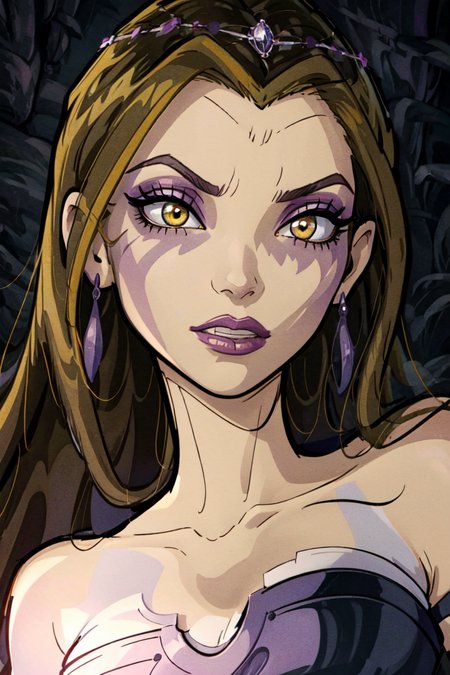 (Darcy), brown hair, yellow eyes, very long hair, purple background, purple magic, dark lighting, (realistic:1.2), (masterpiece:1.2), (full-body-shot:1),(Cowboy-shot:1.2), dark romantic lighting, (highly detailed:1.2),(detailed face:1.2), (gradients), colorful, detailed eyes, (natural lighting:1.2), solo <lora:add_detail:0.3> <lora:BeautifulEyes:0.6> <lora:WinxClubAmplifiedDarcy-10:0.9>