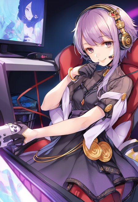score_9, score_8_up, score_7_up, best quality, masterpiece, 4k, uncensored, prefect lighting, rating_explicit, very aesthetic, source_anime, BREAK,
1girl, solo,
<lora:YuzukiYukari_Rei_Pony_V1:0.9>yuzuki yukari, purple eyes, lips,  purple hair, short hair with long locks,  sidelocks, headset, microphone, headphones, 
dress, shawl, black dress, short sleeves, puffy short sleeves,  black bow, hagoromo, half gloves, rabit food,
bangle, gloves, black gloves,bracelet, jewelry,
from front,, looking down,, full body,,
(mature female), (large brests),cute , kawaii,
blush, smile,  looking at viewer, (sitting on a chair), 
Streamer room, gaming chair, gaming PC, game equipment, controller, TV monitor, PC monitor, headphones, headset, anime poster, game poster,