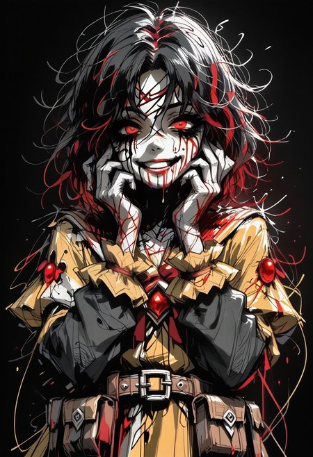 score_9, score_8_up, score_7_up, 
deep skin, skindentation, highres, highly detailed, high resolution, high quality, highres,
source_anime, anime screencap, saturation, vivid colors, 
1girl, solo, cowboy shot, 
black hair, red eyes, medium hair, (messy hair:0.8), bags under eyes,
(yellow steampunk dress:1.1), (magical girl dress:1.1), (brown shorts:1.2), roll out shorts, black tights, long black sleeves, utility belt,
gesugao, (blood on face, blood on body, excessive blood, bloodied hands), hands on cheek, (looking at viewer:1.2),
red sketch, monochrome, black background,
chaos, messy sketch, madscribblestyle