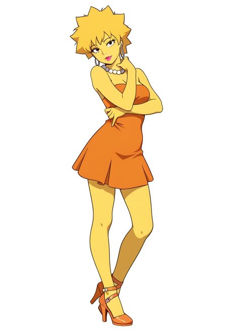anime coloring, lineless, realistic cartoon,
flat colors, lisa simpson, yellow skin, pearl necklace, orange tube dress, earrings, lipstick, official art, orange footwear high stiletto heel, ankle straps shoes, tilt head
Solo, pose, looking at viewer, white background, simple background, masterpiece, best quality, amazing quality, intricate ditails, , attractive exciting, seductive pose,  
Standing