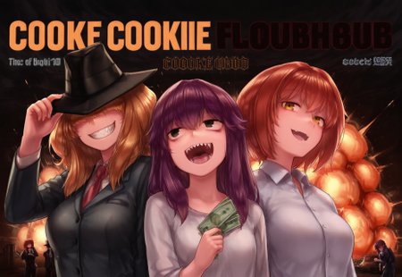 best quality, masterpiece, 

3girls, side-by-side,
taisa \(cookie\), jigen \(cookie\), hinase \(cookie\), 
blonde hair, short hair, curly hair, hair over eyes,
purple hair, long hair, sharp teeth, grin,
red hair, short hair, open mouth, smile,
yellow eyes, black eyes, tongue,

adjusting headwear, money, formal clothes, 
hat, no headwear, bags under eyes,

side-by-side, title, poster (medium), movie poster,

explosion,