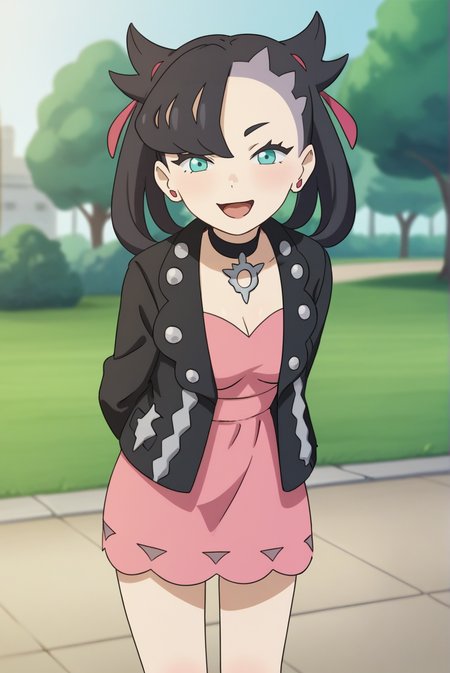 score_9, score_8_up, score_7_up, score_6_up, score_5_up, score_4_up, BREAK source_anime, 1girl, solo,
<lora:PokemonMarnieXL-v1-06:0.7>, ChopioMarnie, black hair, medium hair, twintails, undercut, pink hair ribbon, asymmetrical bangs, aqua eyes, eyelashes, pink earrings, looking at viewer,
mature female, [small breasts : medium breasts: 1], 
outfit_1, black jacket, black choker, jewelry, open jacket, studded jacket, long sleeves, pink dress,
standing, smile, thighs, cowboy shot,
park, grass, stone path, lamppost, sunny, knees, arms behind back, leaning forward, open mouth, tongue,
