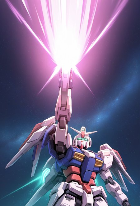 masterpiece, best quality, ultra-detailed, absurdres, newest, no humans, robot, solo, gundam, holding beam weapon, transamraiser, pink beam, giant beam, one arm up, outer space, upper body, close up, straight on