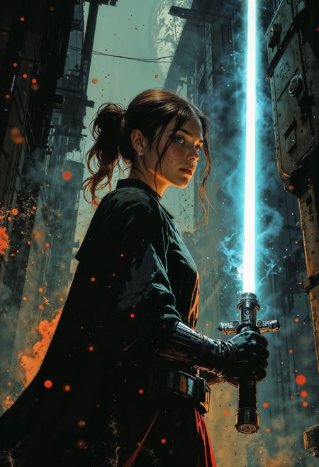 detailed photorealistic image, closeup portrait of female jedi knight, robes, holding lightsaber sword glowing blue with magical energy, standing in ray of sunlight inside a space ship, directional lighting, masterpiece, perfect composition, perfect hands    <lora:FluxMythP0rtr4itStyle:0.5> mythp0rt <lora:sxz-Dark-Fantasy-v2-Flux:0.6> drkfnts style <lora:Luminous_Shadowscape:0.6> <lora:s1n0z1ck-flux-test-lora:0.35>