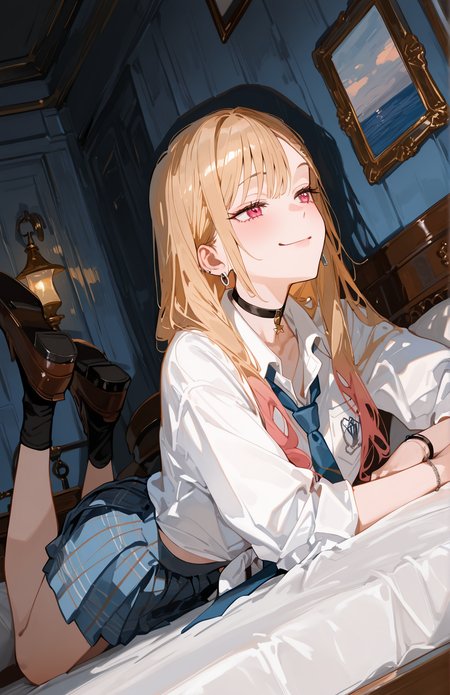 perfect quality,high quality,masterpiece,best quality,amazing quality,very aesthetic,Cinematic Lighting,newest,Tactical use of shadow,
dutch angle,perspective,looking_to_the_side,Relaxed and carefree smile,
MarinKitagawa CYQL,1girl,solo,blonde hair,long hair,multicolored hair,gradient hair,red eyes,jewelry,choker,black choker,earrings,ear piercing,piercing,bracelet,ring,school uniform,long sleeves,necktie,blue necktie,shirt,white shirt,tied shirt,pocket,skirt,pleated skirt,plaid,plaid skirt,blue skirt,socks,black socks,loafers,brown footwear,,
on stomach,arms_up,
Nautical bed frame, Blue and white decor, Anchor wall art, Seashell lamp, Rope accents,
<lora:spo_sdxl_10ep_4k-data_lora_webui:0.5>,<lora:illustrious_all_rated_v1:0.6>,<lora:748cmSDXL:0.8>,748cmstyle,<lora:DarkerThanBlackIllustrious:0.5>,<lora:EtherSDXL:0.5>,EtherStyle,<lora:Kitagawa Marin_Illustrious by Cyql:1>,