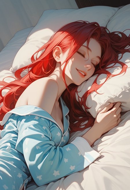 score_9, score_8_up, score_7_up, score_6_up, score_5_up, score_4_up, 1girl, (score_9, score_8_up:1.1),((( long straight hair,1,5))), (red hair:1.2), light blue eyes, slim, small breasts, pale skin, white pale ,shy smile ,HD32k,  dynamic pose, aesthetic, perspective, solo, detailed, sensual look,wearing a pajamas , close eyes , sleeping ,on bed , dark light ,side view