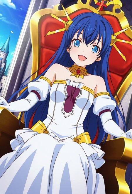 general,highres, ultra-detailed,very aesthetic,best quality ,best hands,best eyes,easynegative,
dynamic anglre, dutch angle, anime cloring,anime screencap,
1girl solo,looking at viewer,castle,indoors,smile,throne,sitting on throne,open mouth,
Lia Parapara Leazas,blue hair,long hair,blue eyes,small breasts,short body,hair ornaments,bare shoulders dress,gloves,