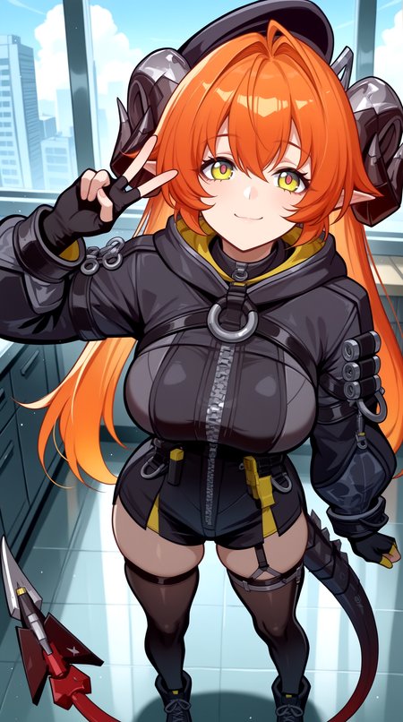masterpiece, best quality, amazing quality, very aesthetic,  absurdres, best quality, 4k, upscale, indoors, pose, v,  orpheus, 1girl, solo, gloves,  yellow eyes, multicolored eyes, ahoge, pointy ears, black jacket, long sleeves, black headwear, bangs, orange hair, zipper, twintails, thighhighs, horns, long hair, fingerless gloves,  black footwear, long sleeves, looking at viewer, closed mouth, hair intakes, smile, standing, breasts, black gloves, hair between eyes, skindentation, bangs,  mechanical tail,  <lora:Orpheus_IL:0.8>