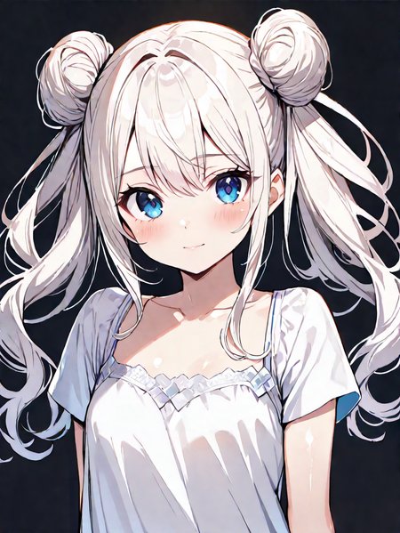 masterpiece,ultra-detailed,best quality,8K,illustration,cute face,clean skin ,shiny hair,petite girl,ultra-detailed-eyes,simple background,   <lora:double bun twintail_XL_illustrious_V1.0:1> double bun twintail, long hair
