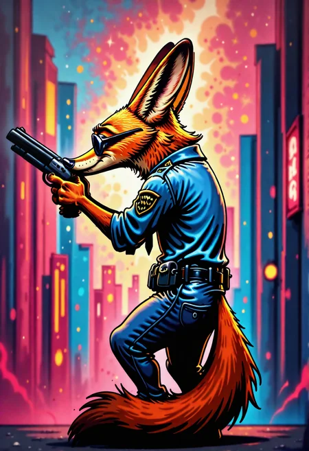 kftgraffiti, masterpiece, best quality, very aesthetic, newest, 2024,  1boy, Nick Wilde (Zootopia), police uniform, holding shotgun, sunglasses, city background, abstract background,