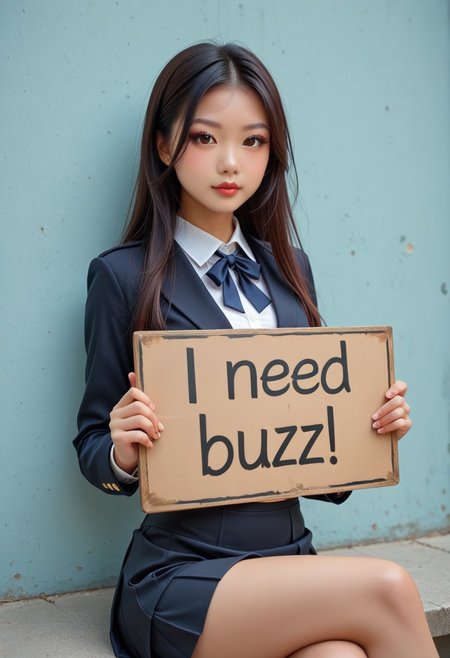 (I NEED BUZZ, holding sign:1.5), holding sign, score_9, score_8_up, score_8, 1 sexy girl, 26yo, Chinese girl, (asian facial features:1.5, reddish brown eyes),  perfect hands, black hair, eyeliner, petite body, long hair, in class,  small tight breasts, tiny waist, close up, black school uniform, black skirt, sitting, crossed legs