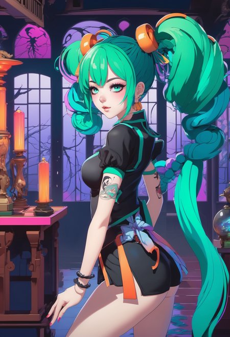1girl, anime, beautiful girl with bright sea green hair with multicolor highlights, twintails,Top Knot, in a  haunted house, hourglass figure, facing viewer<lora:envy_xl_test_5:0.75>