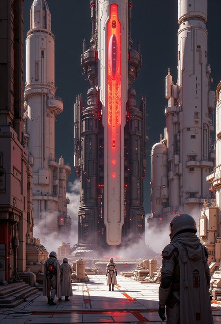 anime art, A digital artwork in the style of cknc, the image is featuring a spaceport of colossal buildings and towers, white ceramic surfaces glistening with condensation from the mist, red glowing diodes and lights, large depth of field, sunset, directional lighting, with scientists in spacesuits surrounding it, black, red and white abstract colour palette